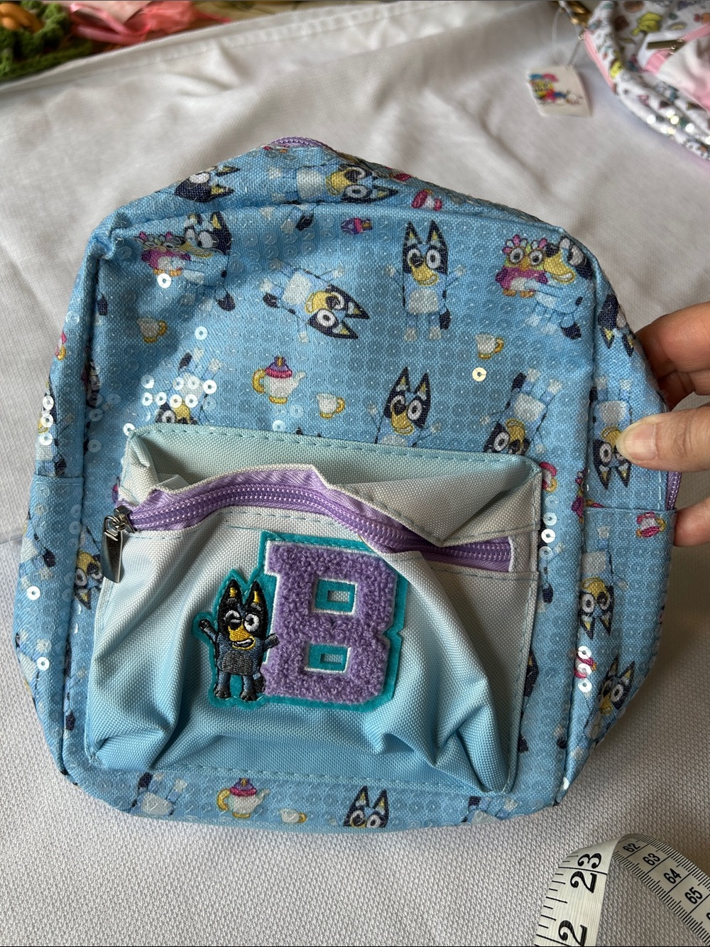 Blue Kids Backpack with Purple 'B' Patch and Character Accent
